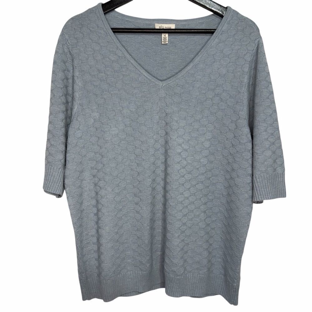 Ella Moss Honeycomb Knit Elbow Sleeve Sweater Top size XL Baby Blue V-Neck